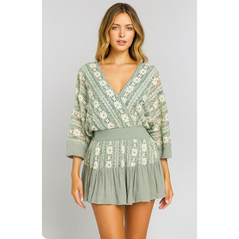 Petal Dew Boutique sage green and ivory lace over mini dress romper size small